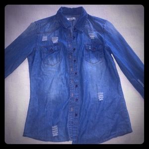 Distressed denim shirt long sleeves